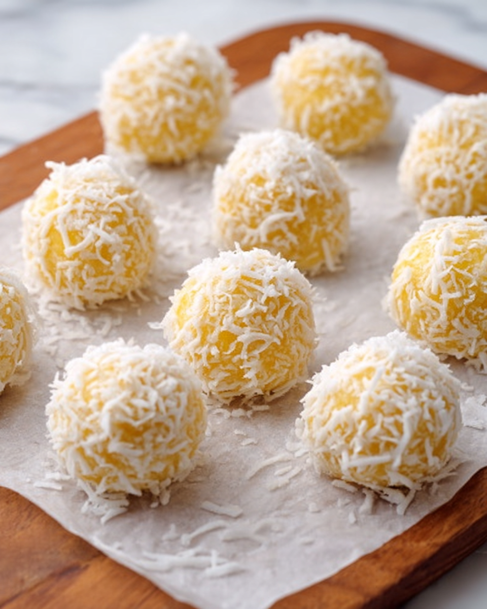 The image shows round, yellowish balls covered completely with white shredded coconut, placed on white parchment paper on a wooden board. Each ball has a rough texture from the coconut shreds, and they look soft and moist inside. The balls are arranged evenly in rows, some closer and some further, with a white marbled surface in the background. photo taken with an iphone --ar 4:5 --v 7