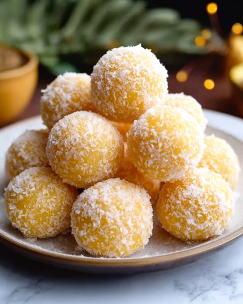 The image shows a white plate filled with round orange-yellow balls covered with a light white crumb coating. The balls are stacked in a pyramid shape, with some touching each other closely. The surface they sit on is a white marbled texture. The background includes soft, blurred hints of greenery and some warm, yellowish light that makes the food look fresh and inviting. photo taken with an iphone --ar 4:5 --v 7