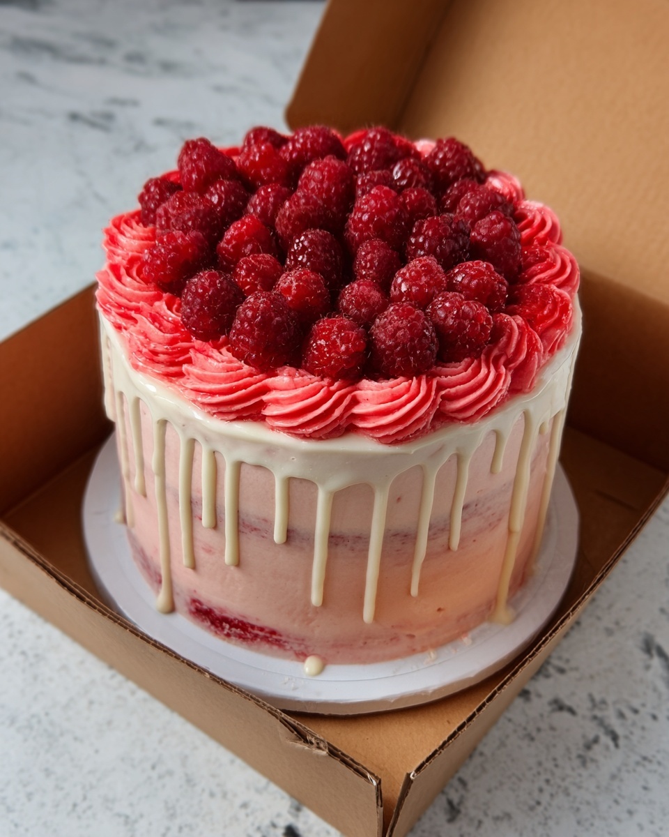 The image shows a white marbled surface with ingredients neatly arranged. There are four whole brown eggs in a small white bowl, a small container of honey, and a small white bowl of milk. Several sticks of butter are placed on the surface. Multiple packs of cream cheese are stacked next to a white bowl filled with fresh red raspberries. There is a whole lemon and three small bowls with different powders or sugars. Near the front, a large white bowl is filled with flour, a smaller white bowl contains sugar, and a white jug holds more milk. All items are spread evenly and clearly visible. Photo taken with an iphone --ar 4:5 --v 7