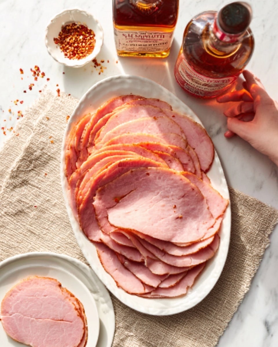 A white oval plate is filled with thin slices of pink ham, slightly browned at the edges, arranged in overlapping layers starting from the plate's center and fanning outward. Next to the plate is a smaller white round plate holding a single, thicker slice of ham. A woman's hand reaches from the bottom right corner toward the smaller plate. The setting includes a light brown textured cloth underneath the oval plate and two bottles in the upper right corner, one with a dark amber liquid and the other clear with red and white labeling. A small white bowl with red spices sits near the bottles. The background is a white marbled surface. Photo taken with an iphone --ar 4:5 --v 7