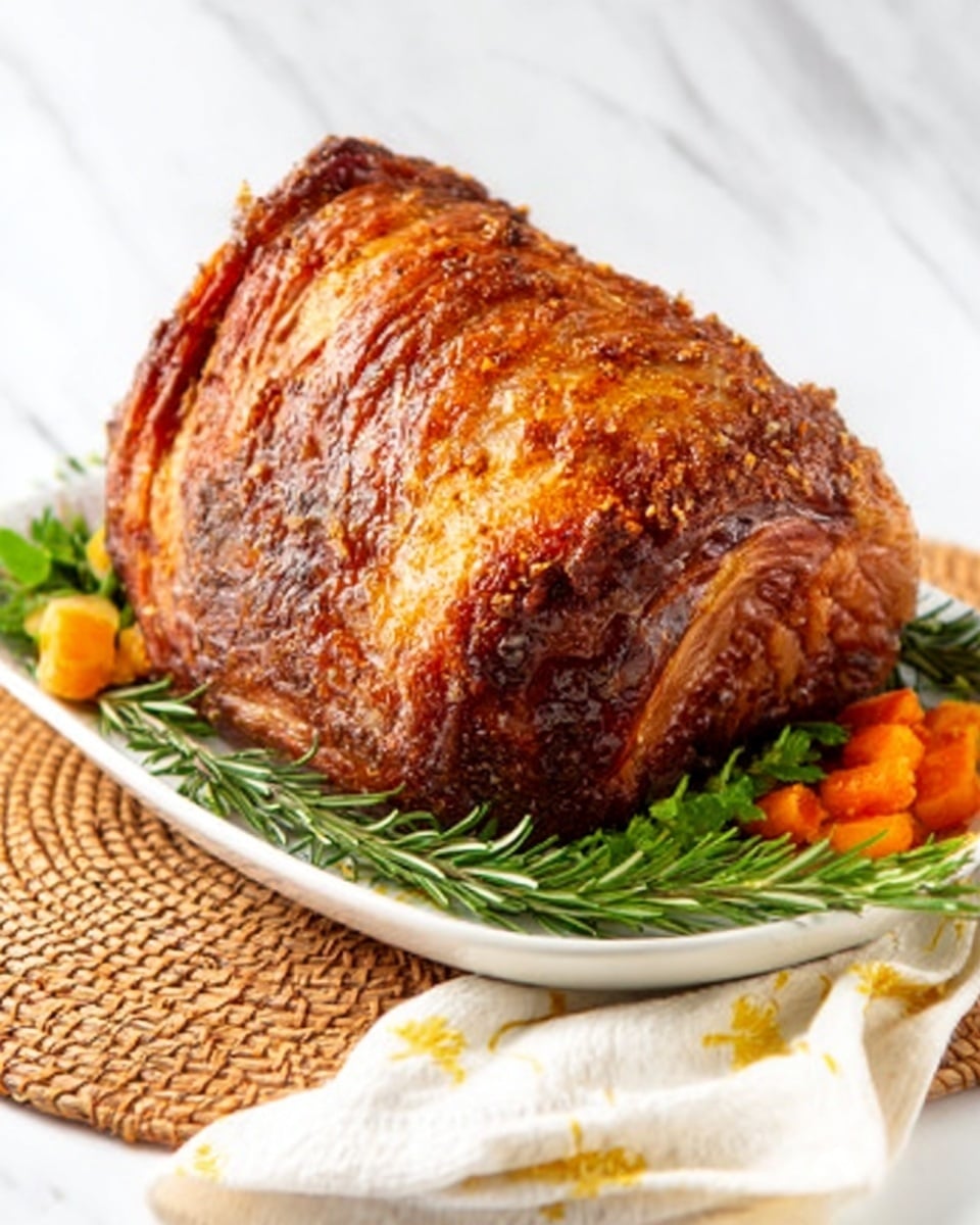 The image shows a large, golden-brown roasted meat with a crispy, textured outer layer. The meat is placed on a white oval plate with fresh sprigs of green rosemary around it. There are small orange carrot pieces arranged next to the meat, adding color contrast. The plate sits on a woven mat, and part of a white cloth with a subtle yellow pattern is visible beside it. The background is a white marbled texture. photo taken with an iphone --ar 4:5 --v 7