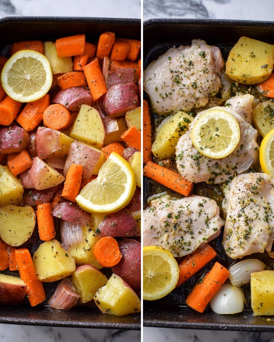 The left side shows a pan filled with roughly chopped orange carrots, red and yellow potatoes with skin on, and white onion pieces, all coated with black pepper and dried herbs. The right side has the same layer of vegetables at the bottom, topped with three pieces of pale, raw chicken with herbs sprinkled on top, and several bright yellow lemon halves placed around the chicken and vegetables. The pan is set on a white marbled surface. Photo taken with an iphone --ar 4:5 --v 7