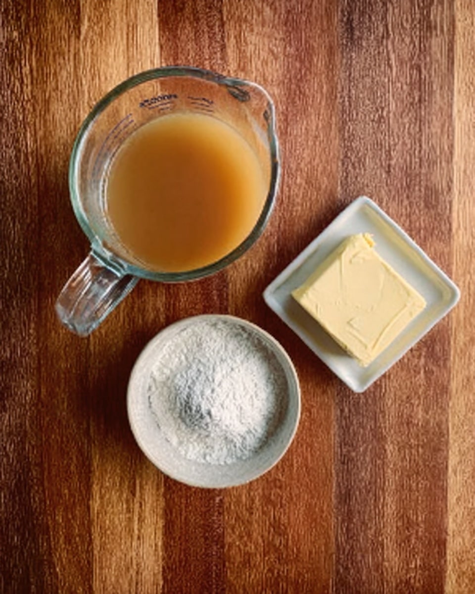A clear glass measuring cup filled with light brown liquid placed on a warm wooden surface, next to a small white dish holding a thick square of pale yellow butter, and a small white bowl filled with fine white flour. The items are arranged closely together, showcasing the smooth texture of the butter and the powdery texture of the flour against the wooden background. photo taken with an iphone --ar 4:5 --v 7