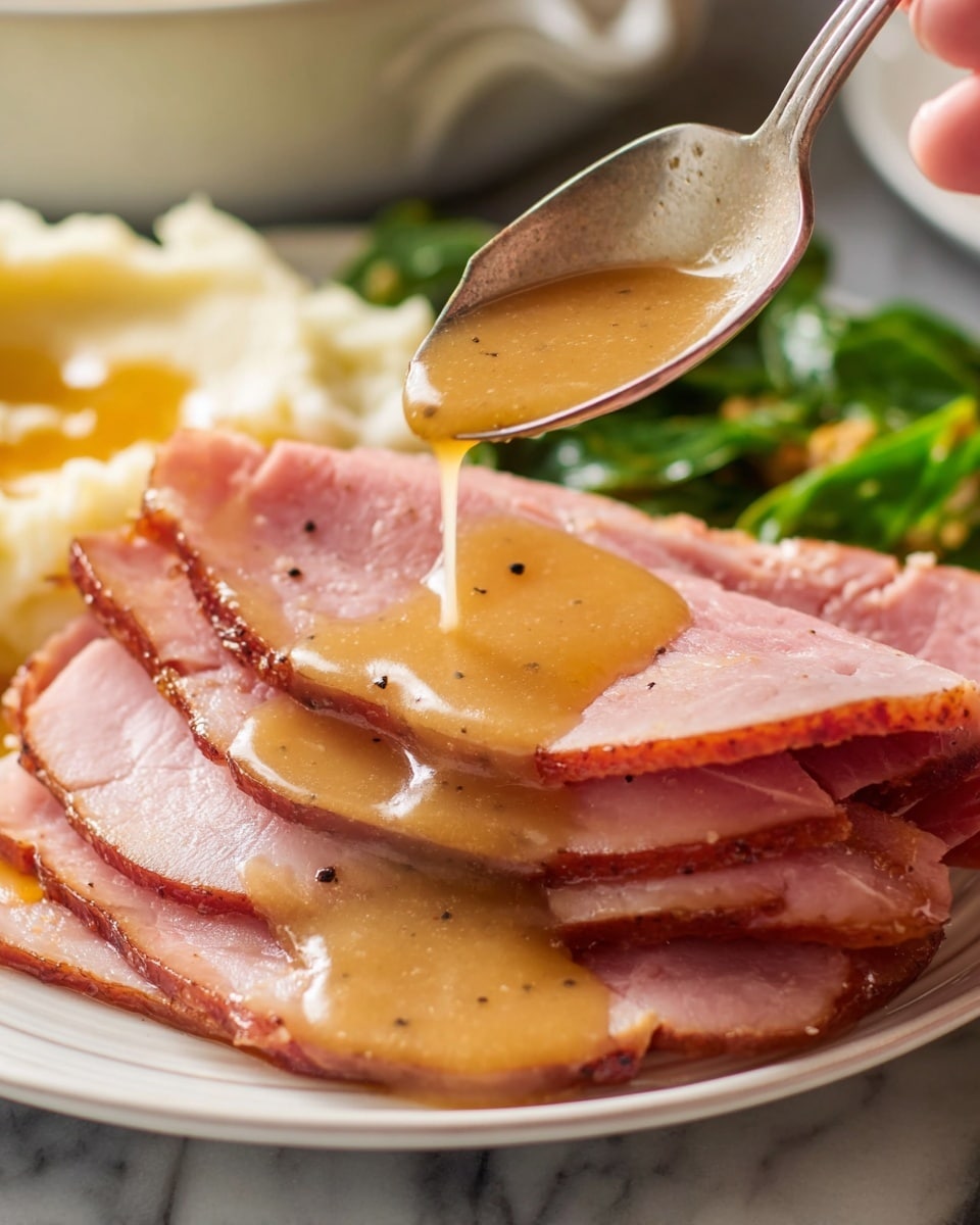 A white plate holds four layers of pink, sliced ham stacked unevenly. A shiny, golden-brown gravy is being poured over the top layer, spreading down the sides and pooling on the plate. The gravy has a smooth texture with tiny black pepper specks. In the background, green vegetables and white mashed potatoes with a slightly textured surface are faintly visible. A metal spoon held by a woman's hand is gently dripping the gravy onto the ham. The whole scene is set on a white marbled surface photo taken with an iphone --ar 4:5 --v 7