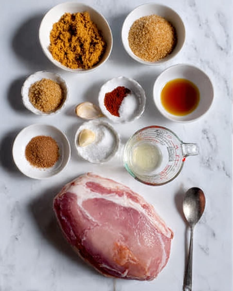 The image shows a white marbled surface with several small white bowls and a glass measuring cup arranged neatly. The bowls contain various ingredients: golden brown sugar with a crumbly texture, a small amount of red chili powder, a white granular powder, a few cloves of garlic, and different spices like cinnamon and nutmeg, all in fine powder form. A large piece of raw ham with a bit of fat is placed on the surface near a silver spoon. The colors range from beige and brown to red and white, with clear separation of each ingredient in its own container. A woman's hand is not visible but implied to be nearby handling the items. photo taken with an iphone --ar 4:5 --v 7