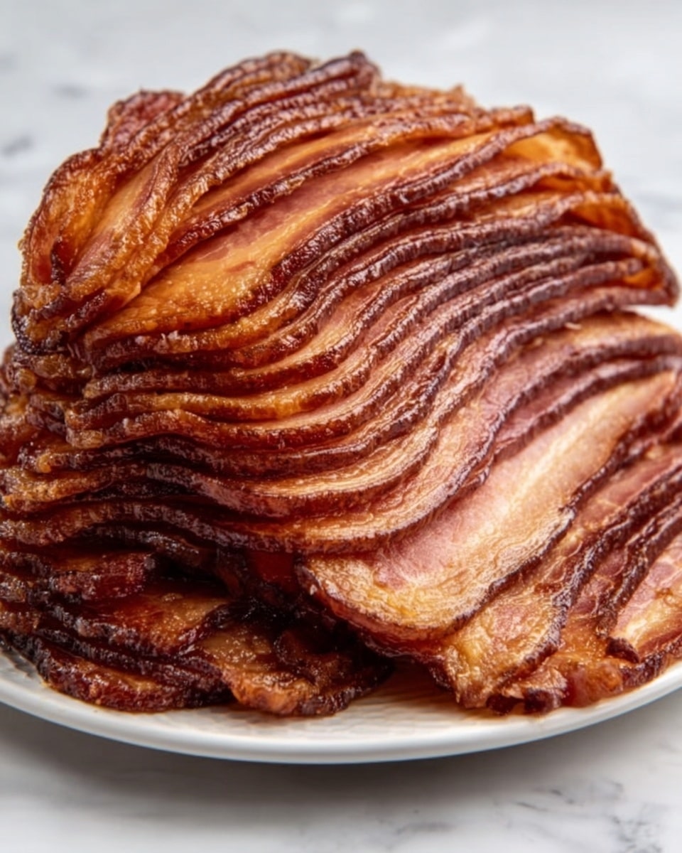 The image shows a thick stack of sliced bacon arranged in a curved, layered way. Each slice has a rich brown color with crispy-looking edges and a shiny, greasy texture. The layers are thin and closely packed, making the stack look dense and juicy. The bacon sits on a white plate with a white marbled surface underneath, highlighting the deep reddish-brown tones of the meat. Photo taken with an iphone --ar 4:5 --v 7