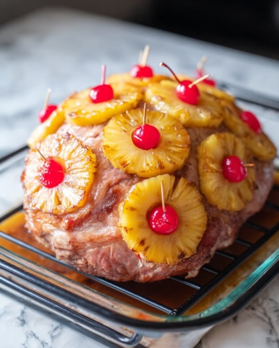 A large round cooked meat sits on a black metal rack inside a glass baking dish. The roast is covered with several yellow pineapple rings each held in place with a toothpick, and every pineapple ring has a bright red cherry in the center. The surface below the dish is white marbled, and the image is clear with natural light highlighting the texture of the roast and fruit. photo taken with an iphone --ar 4:5 --v 7