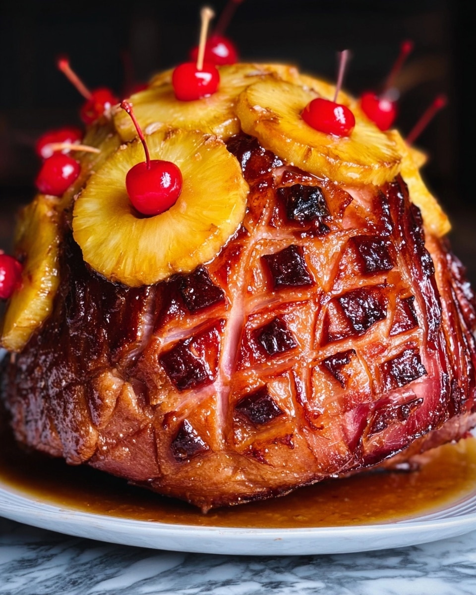 A large round browned ham with a shiny glaze on the outside sits on a white plate over a white marbled surface. The ham is decorated with several rings of bright yellow pineapple slices, each pineapple ring having a small bright red cherry in the center held by a toothpick. The ham has a textured look with diamond-shaped cuts filled with brown glaze, and juice pools slightly around the base on the plate. The background is dark and blurry, keeping the focus on the ham. Photo taken with an iphone --ar 4:5 --v 7