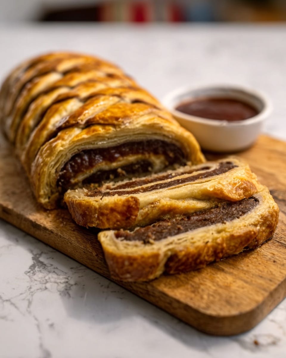 The image shows a sliced pastry roll on a wooden board. The pastry has a golden brown, flaky crust with a lattice pattern on top. Inside, there are several visible layers of dark brown filling, smooth in texture. A small white bowl with a dark red sauce is placed behind the slice. The background is a white marbled surface with a blurred soft focus. Photo taken with an iphone --ar 4:5 --v 7
