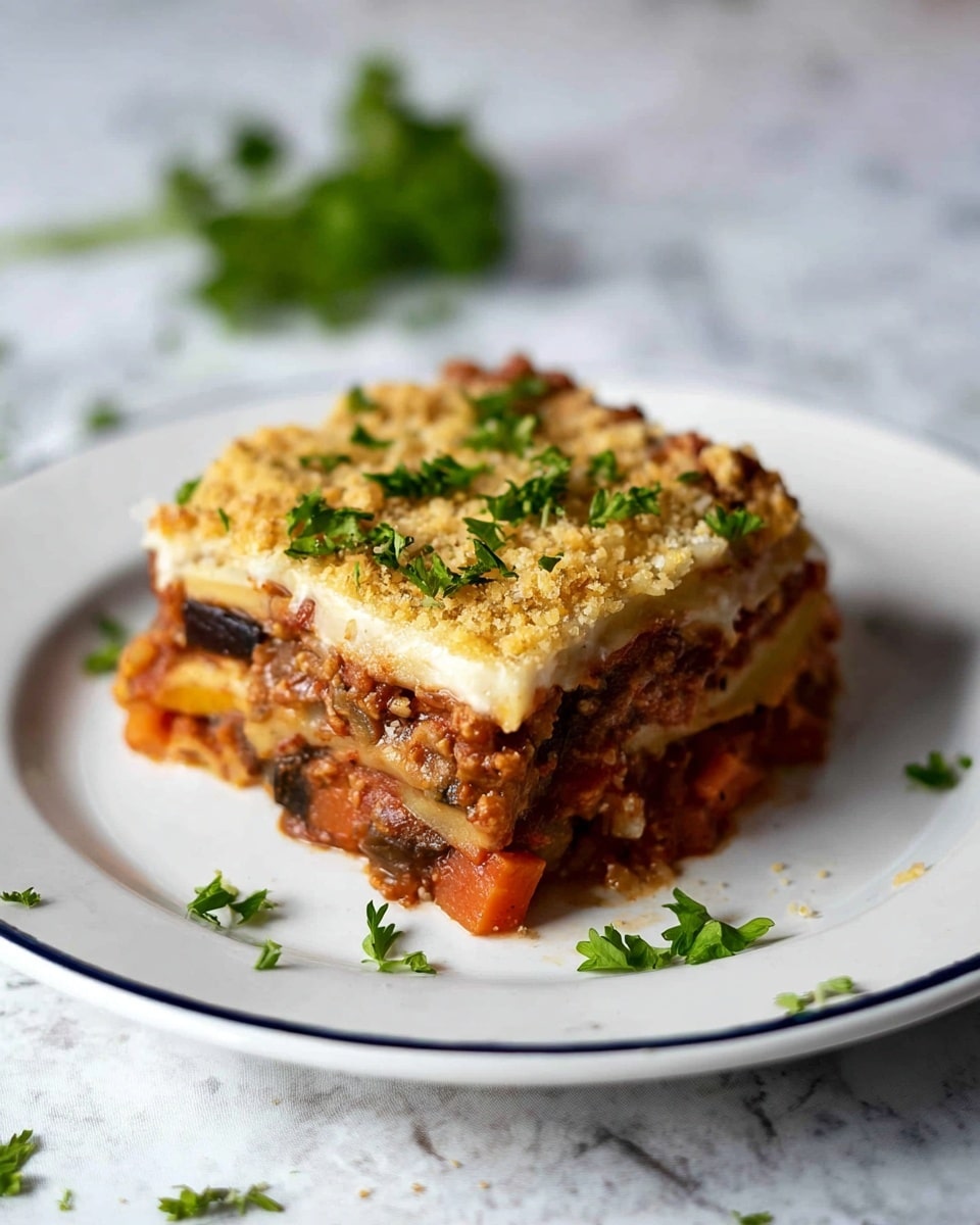 A square slice of lasagna sits on a white plate with a thin blue rim, placed on a white marbled surface. The lasagna has four visible layers: the bottom layer is a chunky red tomato sauce mixed with orange bits of carrot, next is a browned vegetable layer with dark brown and yellow pieces, followed by a creamy white sauce layer with a smooth texture, and the top layer is a golden, crumbly baked cheese crust sprinkled with fresh green parsley leaves. A few parsley pieces are scattered around the plate. Photo taken with an iphone --ar 4:5 --v 7