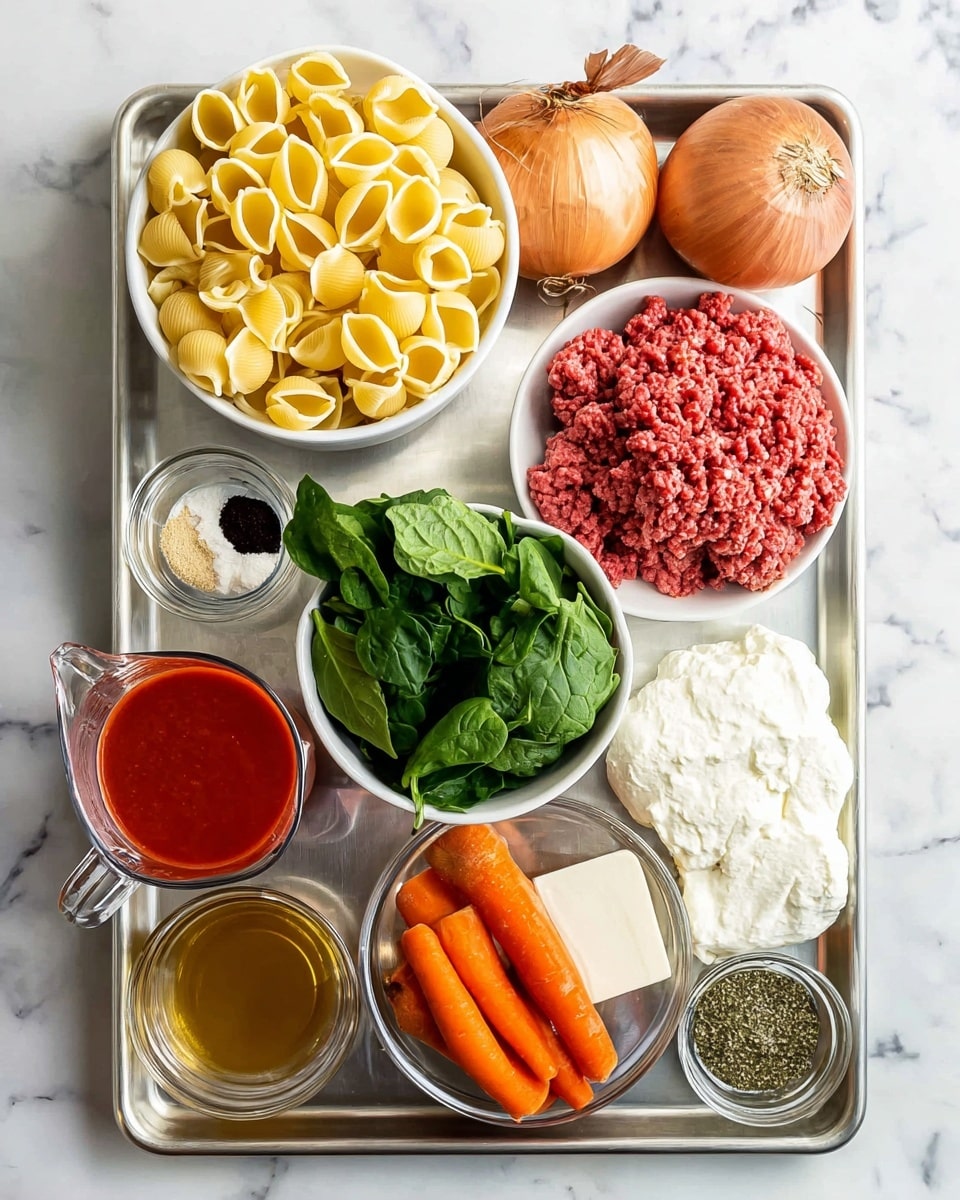 A metal tray on a white marbled surface holds all the ingredients arranged neatly. At the top left, a white bowl filled with large yellow pasta shells sits next to a whole brown onion and a large pile of raw red ground meat on the tray. Below the onion and meat, a bowl full of bright green fresh spinach leaves is topped with two whole orange carrots. A large piece of white mozzarella cheese and a bowl of white ricotta cheese with three cloves of garlic rest nearby. On the left side of the tray, a simple glass pitcher filled with smooth red tomato sauce sits near small glass containers holding light brown broth, golden olive oil, cream, black balsamic vinegar, green dried herbs, white salt, and black pepper. All the items are arranged clearly and evenly spaced. Photo taken with an iphone --ar 4:5 --v 7