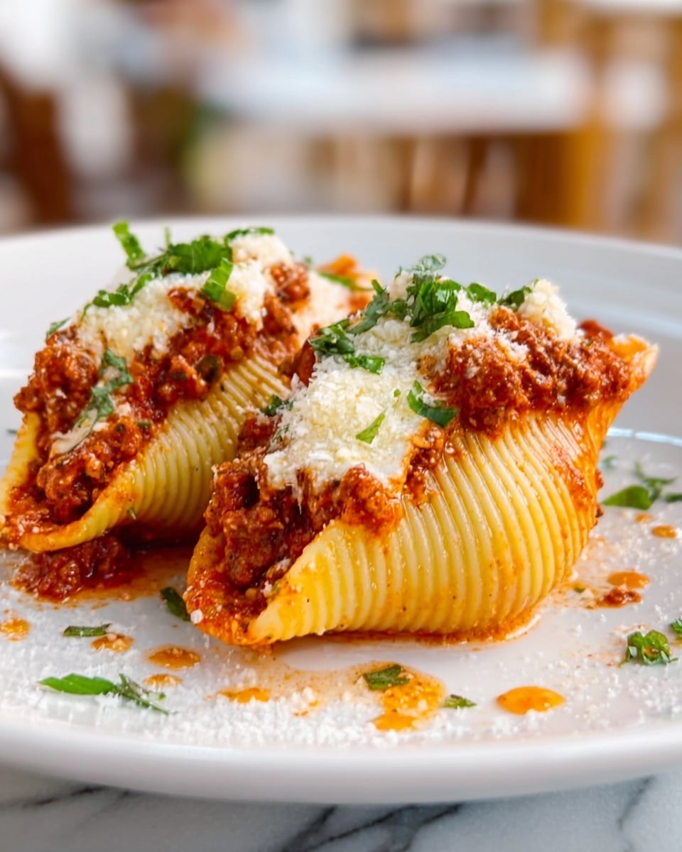 The image shows two large pasta shells filled with a rich meat sauce, placed on a white plate. The pasta is a light golden yellow with ridged textures, sitting side by side in the center of the plate. Each shell is topped with melted white cheese and sprinkled with chopped green herbs. There are small drops of sauce spilling slightly onto the white marbled surface underneath the plate. The background is softly blurred, highlighting the pasta shells as the main focus. Photo taken with an iphone --ar 4:5 --v 7