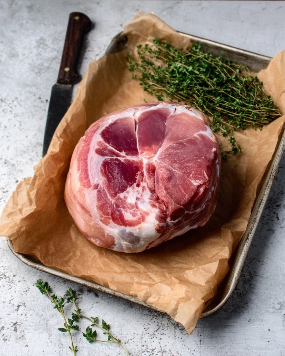 A large piece of raw ham with a round, pink, and slightly fat texture sits on a sheet of brown paper inside a metal tray. The ham shows a mix of deep red and pale pink colors with some white fat marbling. Next to the ham, a small bunch of fresh green thyme rests on the same brown paper. The metal tray and brown paper contrast against a white marbled surface underneath, and a dark knife handle is visible to the left side of the tray. photo taken with an iphone --ar 4:5 --v 7