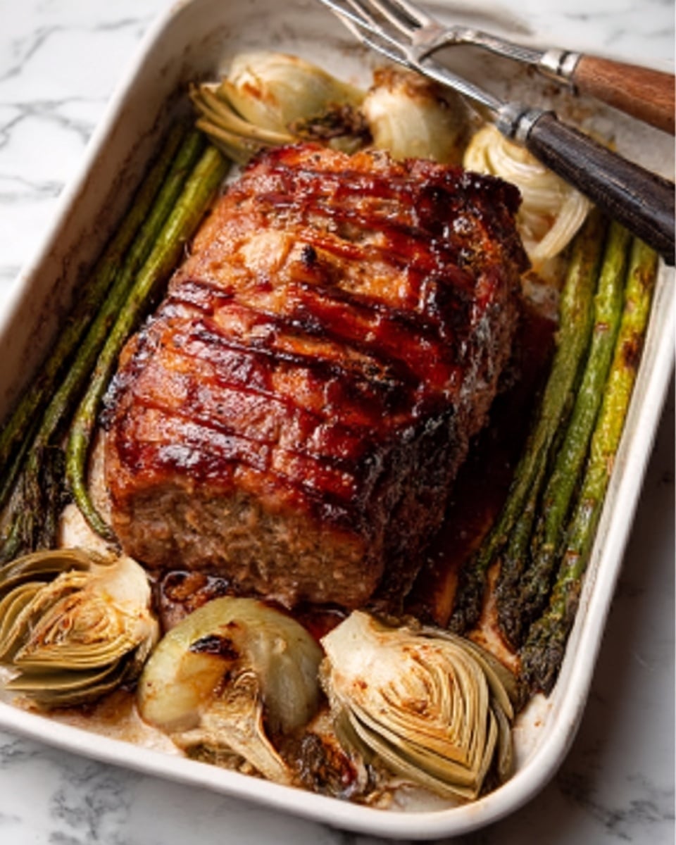 The image shows a browned roasted meatloaf in the center of a white rectangular baking dish. Around the meatloaf are cooked green asparagus stalks and sliced, roasted artichoke hearts, all placed on a white marbled surface. The meatloaf has a shiny, slightly crispy top with visible lines of glaze, and the vegetables have a soft, roasted texture with some darker caramelized spots. In the background, there is a fork and a knife resting on the edge of the dish. Photo taken with an iphone --ar 4:5 --v 7