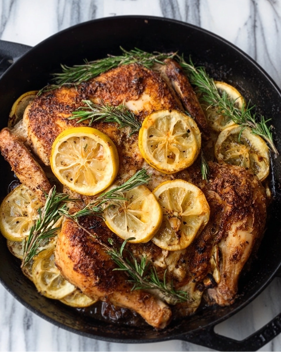 A large baked chicken with golden-brown crispy skin fills a black pan, topped with several lemon slices that are slightly browned and roasted, and fresh green rosemary sprigs scattered on top, adding a fresh touch. The chicken has a textured surface with a mix of dark and lighter brown areas from roasting, and the pan is placed on a white marbled surface. photo taken with an iphone --ar 4:5 --v 7