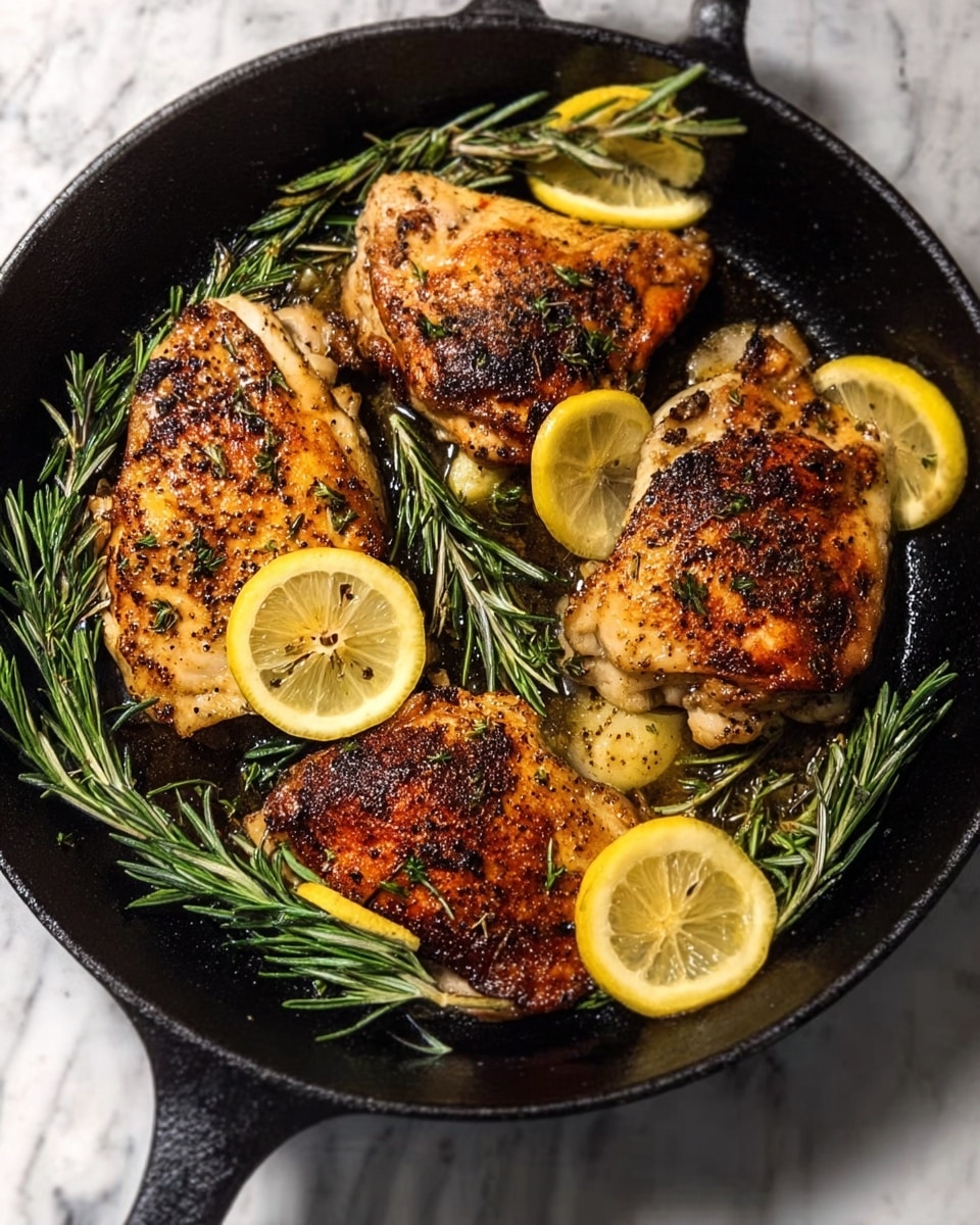 The image shows a black pan containing four pieces of cooked chicken with a golden-brown crispy texture, garnished with slices of lemon on top and around the chicken. There are fresh green rosemary sprigs underneath and beside the chicken, adding a touch of green to the dish. The chicken looks juicy and seasoned with visible spices. The pan has a dark handle, and the background is a white marbled surface. Photo taken with an iphone --ar 4:5 --v 7