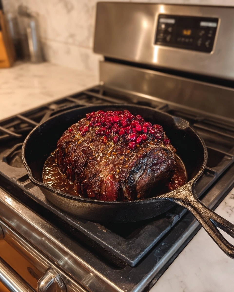 A large, round cooked meat dish sits in a black cast iron skillet, placed on a stovetop burner. The meat has a dark brown, crispy outer layer with a slightly shiny texture showing glaze or sauce, topped with small red bits that look like chopped berries or sauce. The skillet handle extends outwards on the right side. The background is a stainless steel stove and white marbled surface surrounding the stove area. Photo taken with an iphone --ar 4:5 --v 7