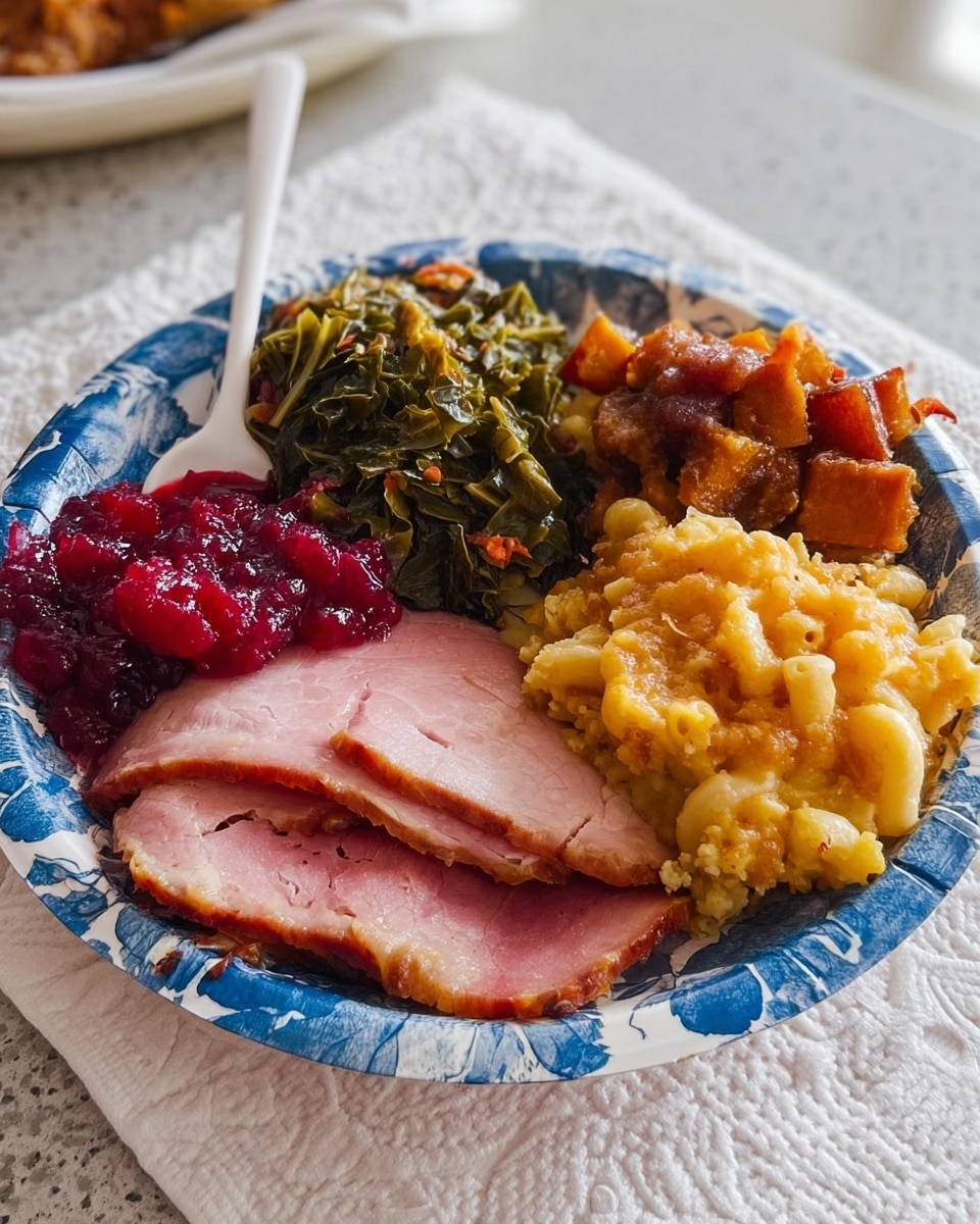 A white paper plate with a blue and white pattern holds a serving of food with five layers arranged side by side: in the front are two thick slices of pinkish cooked ham with a slightly browned edge, next to the right is a golden yellow layer of baked macaroni and cheese with a slightly browned top, behind the ham to the left is a bright red layer of chunky cranberry sauce, behind that and in the center is a dark green, slightly glossy layer of cooked leafy greens with bits of orange mixed in, and to the right behind the macaroni is a darker brown layer of what looks like cooked sweet potatoes or yams with some uneven edges. A white plastic spoon is seen sticking out from the top left segment of the plate, all placed on a white marbled surface with a white textured napkin below the plate. Photo taken with an iphone --ar 4:5 --v 7