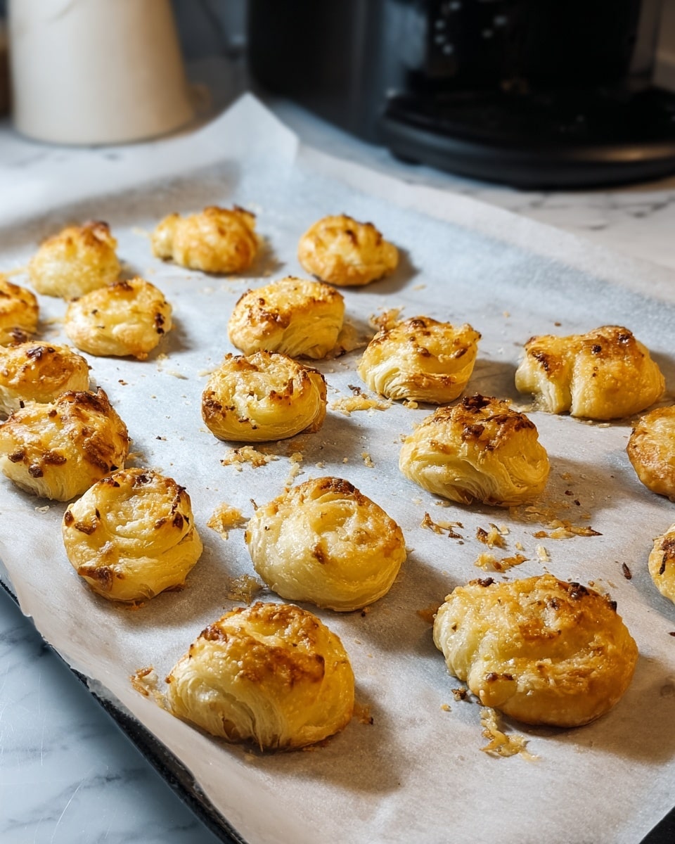 The image shows a baking tray lined with white parchment paper holding about fifteen small, round, golden-brown puff pastry bites scattered unevenly. Each pastry has a slightly different shape with a flaky, layered texture, some more twisted or swirled, and light melted cheese sprinkled on top and around them, adding a slightly crispy and uneven cheesy crust. The background surface is white marble with a clean, smooth finish, and a dark kitchen appliance and a white container are blurred in the back. The warm light highlights the pastries’ golden color and texture. photo taken with an iphone --ar 4:5 --v 7