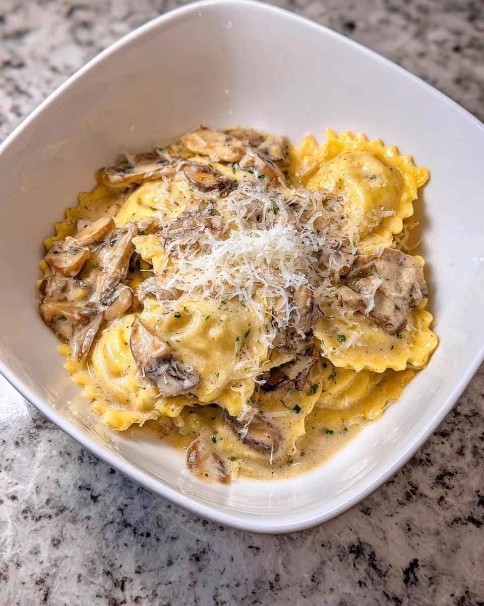 A white square bowl holds a serving of ravioli pasta with wavy edges covered in a creamy mushroom sauce. The dish has several layers of yellow pasta topped with light brown and beige sliced mushrooms mixed in the sauce. A sprinkle of finely shredded white cheese rests on top, adding texture. The bowl sits on a white marbled surface. Photo taken with an iphone --ar 4:5 --v 7