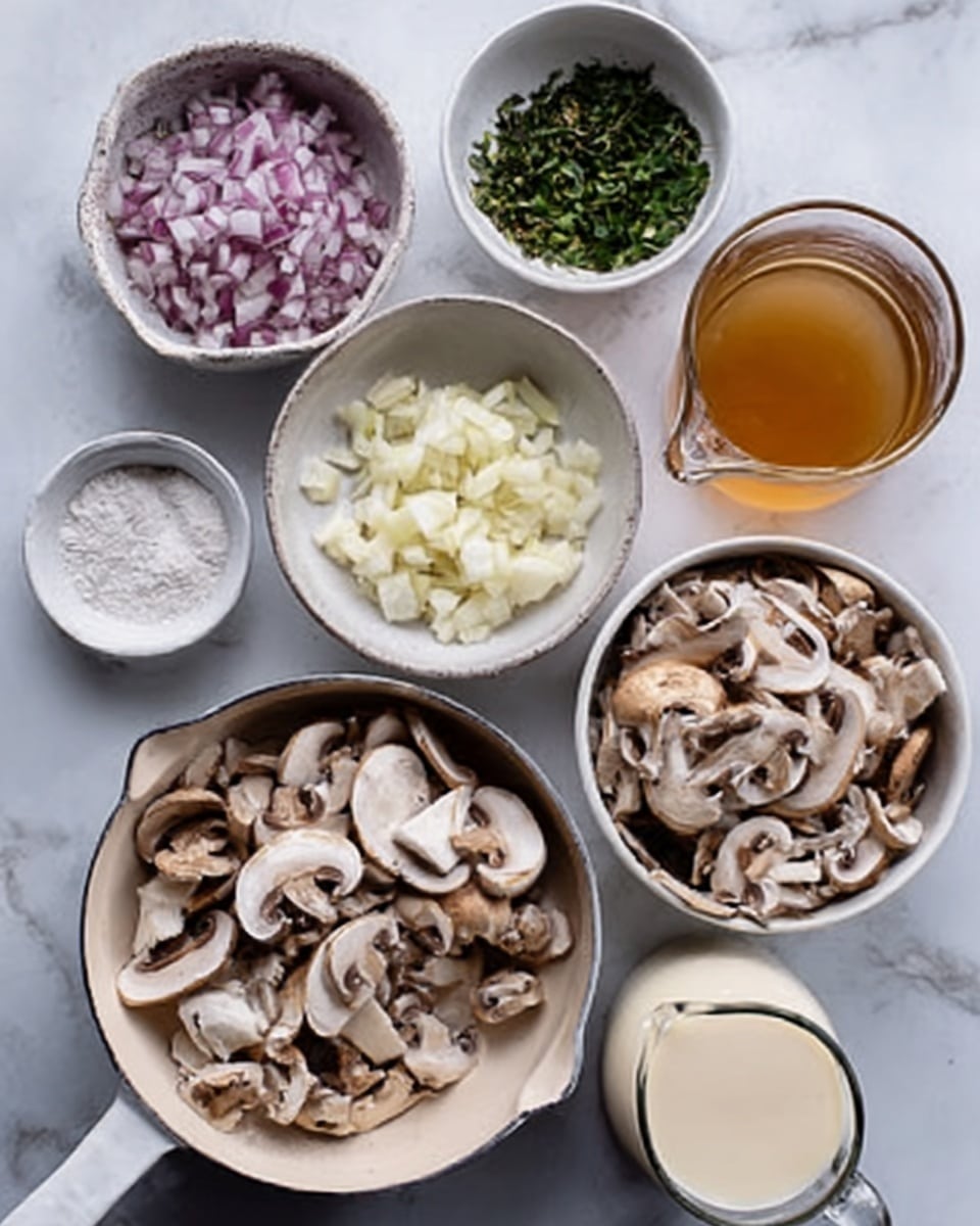 The image shows several small white bowls and a small white pan arranged on a white marbled surface. There are different ingredients in each container: finely chopped red onion in a small bowl, fresh green herbs chopped in another, sliced garlic in a third, a bowl full of sliced white and brown mushrooms, and a white pan with darker slabs of larger mushroom slices. Next to them is a clear glass cup filled with light brown broth, a small white bowl with a white powder, and a glass jug with creamy white liquid. The setup looks neat and organized, ready for cooking. photo taken with an iphone --ar 4:5 --v 7