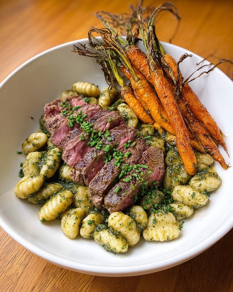 A white bowl on a white plate filled with three main layers: the bottom layer is a large amount of light beige gnocchi coated in green herb sauce, the middle layer features slices of medium-rare meat with a brown crust and pink center placed in the middle, sprinkled with small green chives, and the top layer on the right side has a bunch of whole roasted carrots with green tops that are slightly dried and browned. The bowl sits on a wooden surface. photo taken with an iphone --ar 4:5 --v 7