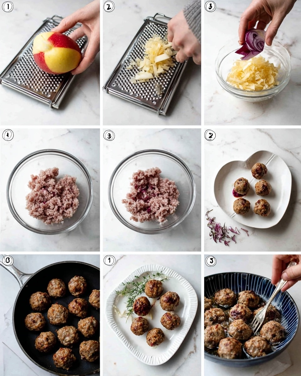 A collage of nine images shows the step-by-step making of meatballs, each numbered in the top left corner. In the first image, a woman's hand is grating a red and yellow apple on a metal box grater placed on a white plate over a white marbled surface. In the second, a woman's hand is grating a halved red onion on the same grater and plate setup. The third image shows a clear glass bowl with grated apple, onion, raw ground meat, and breadcrumbs sitting on the white marbled surface. The fourth image has a woman's hands mixing the ingredients in the glass bowl. The fifth image shows the mixed meatball dough in the glass bowl. The sixth image presents small raw meatballs arranged in a heart shape on a white heart-shaped plate on the white marbled surface. In the seventh frame, browned meatballs cook in a black pan. The eighth shows cooked meatballs laid out in rows in a white rectangular dish with a dark blue rim. The ninth image is a close-up of meatballs on a white plate with a textured edge, served with red sauce and a sprig of green herb, with a woman's hand holding a fork. Photo taken with an iphone --ar 4:5 --v 7