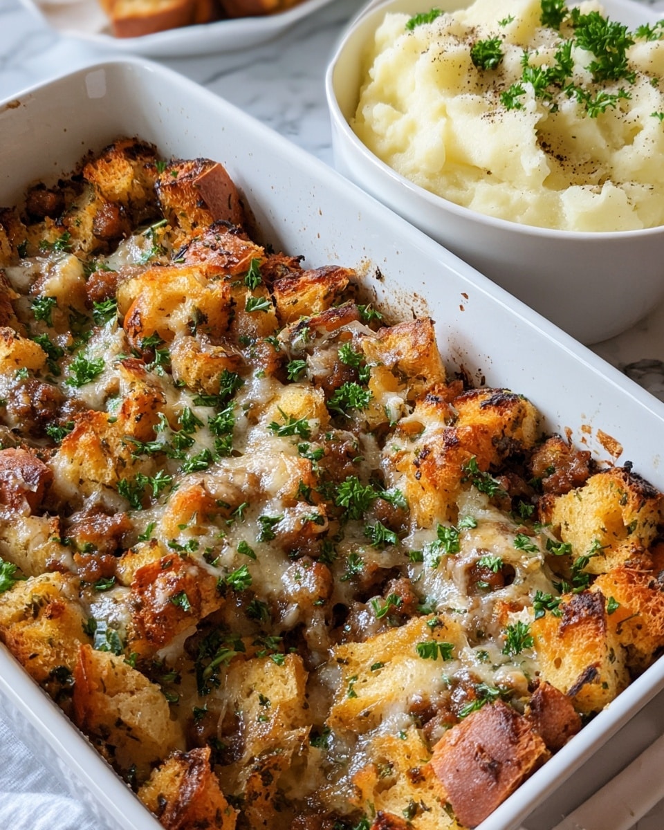 The image shows a close-up of a white rectangular baking dish filled with a baked stuffing made of golden brown pieces of bread mixed with cooked sausage bits and small chopped green herbs scattered throughout. The top layer is toasted with some crispy browned edges and a lightly melted cheese coating, garnished with fresh parsley pieces. To the right, a white round bowl holds creamy mashed potatoes topped with black pepper and small chopped green herbs. Everything rests on a white marbled surface. photo taken with an iphone --ar 4:5 --v 7