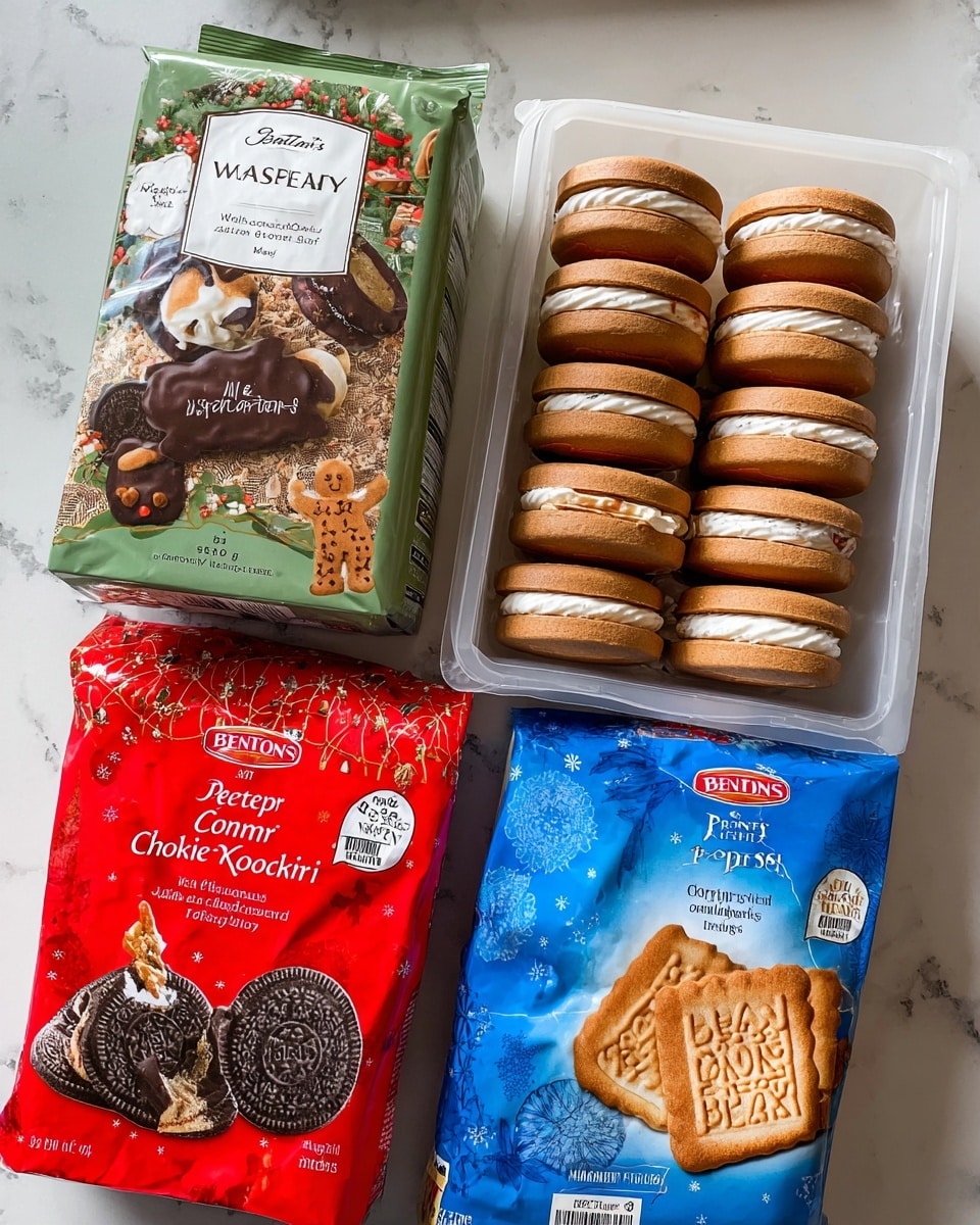 The image shows an arrangement of four different cookie packages placed on a white marbled surface. On the top left is a green bag labeled