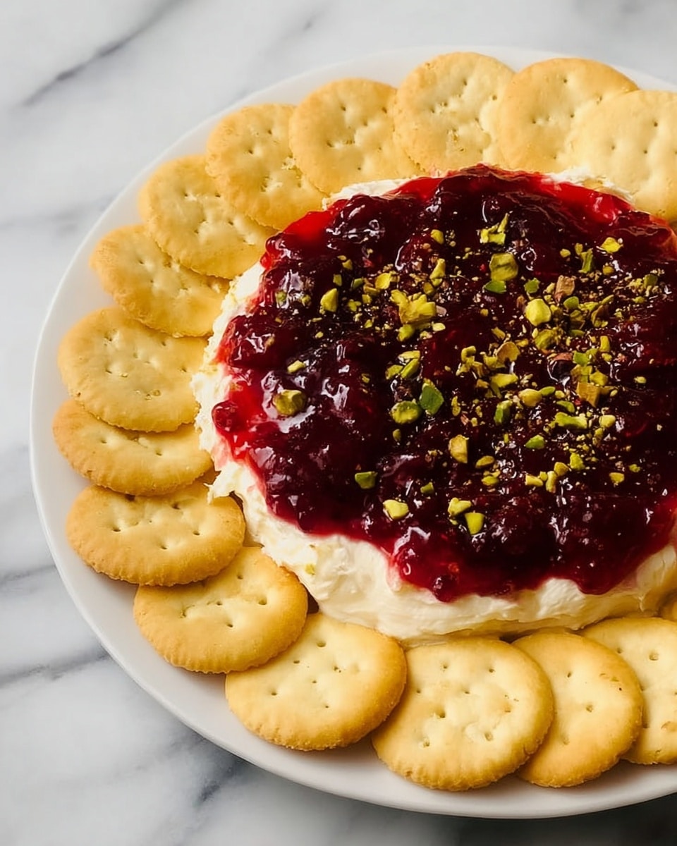 The image shows a white plate with a layer of round, light yellow crackers neatly placed around the edge, forming a circle. Inside this ring, there is a thick layer of creamy white spread, topped with a shiny, deep red berry jam that looks slightly chunky. Scattered over the jam are small pieces of chopped green pistachios, adding a touch of texture and color contrast. The plate is set on a white marbled surface. photo taken with an iphone --ar 4:5 --v 7