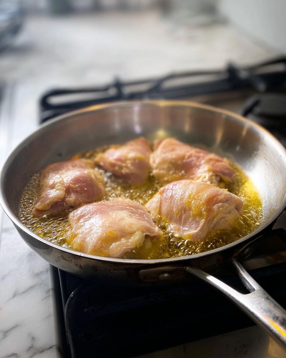 A silver metal pan sits on a gas stove burner with four pieces of raw pinkish chicken frying in hot golden oil. The chicken pieces are plump with light yellow fatty parts visible, and the bubbling oil around them shines bright. The scene shows the cooking process with steam or heat glare, and the background is softly blurred, highlighting the pan and chicken. The handle of the pan extends to the right side. The surface beneath the stove is a clean white marbled texture. Photo taken with an iphone --ar 4:5 --v 7