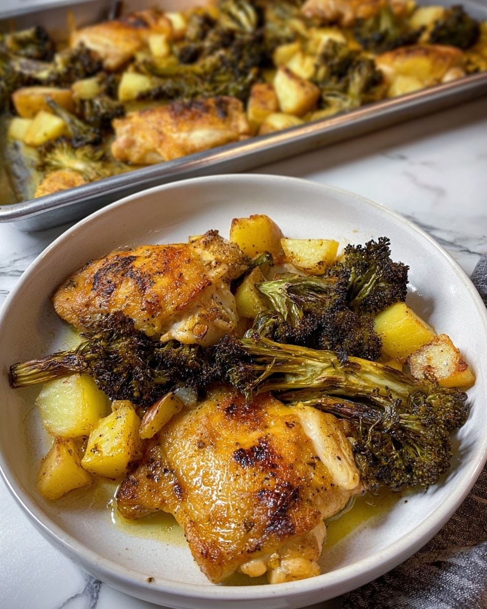 A shallow white bowl sits on a white marbled surface, filled with two pieces of golden-browned grilled chicken thighs at the front, glistening with light oil. Behind the chicken, there is a mix of roasted broccoli with dark green, slightly charred tops and light green stems, along with chunky, pale yellow roasted potatoes, some pieces with brown edges. In the blurred background, a silver baking tray holds more roasted chicken thighs, broccoli, and potatoes. Photo taken with an iphone --ar 4:5 --v 7