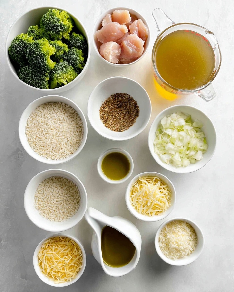 A top-down view of ten white bowls and a clear measuring cup placed on a white marbled surface, each containing different ingredients for cooking. The top left bowl holds fresh green broccoli florets, the top right bowl shows pieces of raw pink chicken meat. In the middle row, the left bowl has uncooked white rice, beside it a small bowl filled with a mixed brown spice blend, followed by a bowl with minced garlic, and a bowl with finely chopped white onions. On the bottom row, a small white jug contains golden yellow oil, next to it a bowl with shredded yellow mozzarella cheese, then a bowl with light beige shaved parmesan cheese, and lastly a small dish with finely grated white parmesan cheese. A clear measuring cup filled with light amber broth is placed near the top right. The setup is clean and bright. photo taken with an iphone --ar 4:5 --v 7