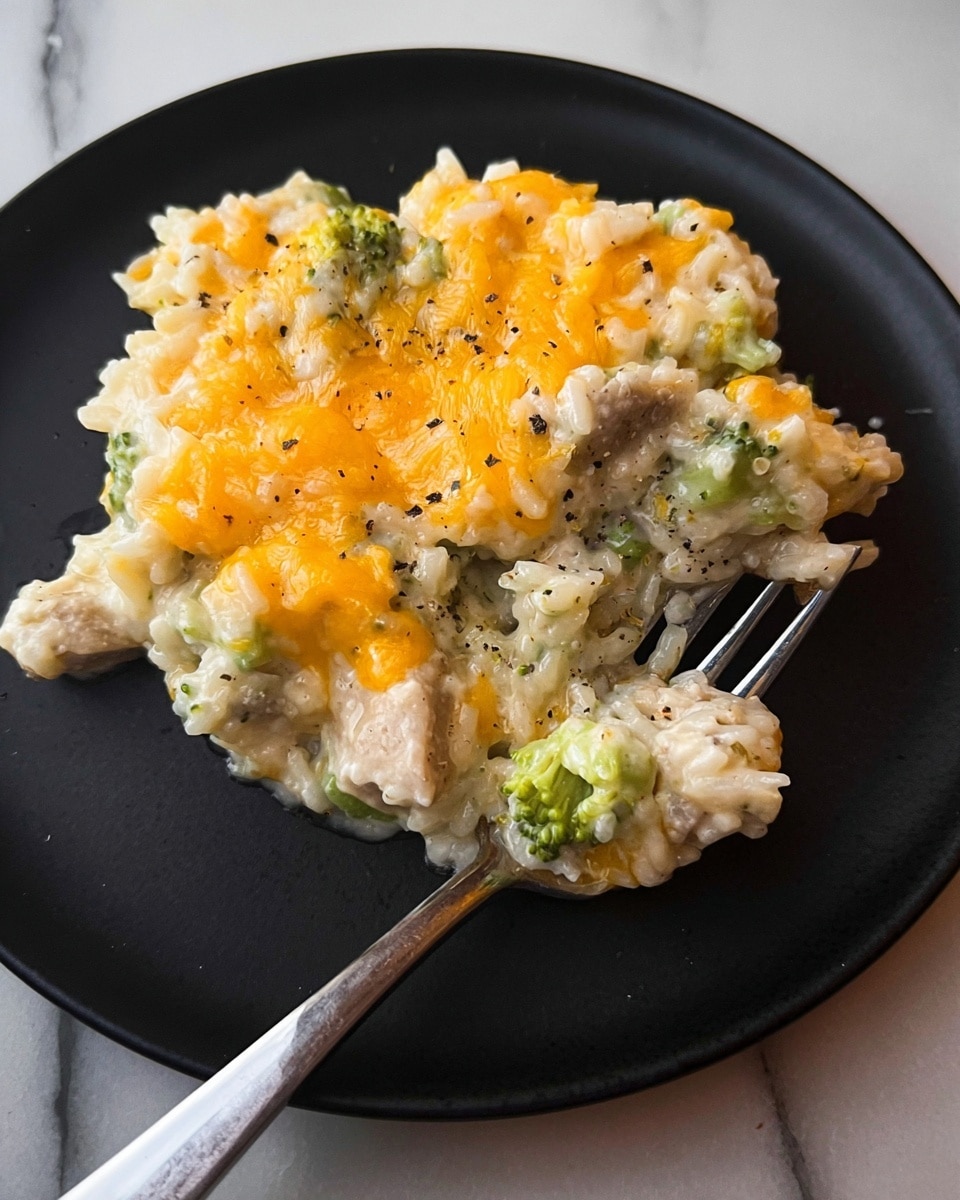 A creamy single-layer dish of cheesy rice served on a flat black plate. The top layer shows melted bright orange cheese spread unevenly over the white, creamy rice mixed with green broccoli pieces and light brown chunks of meat. Bits of black pepper are sprinkled on the surface. A shiny silver fork rests partially under the rice on the right side of the plate. The dish is set on a white marbled surface. photo taken with an iphone --ar 4:5 --v 7