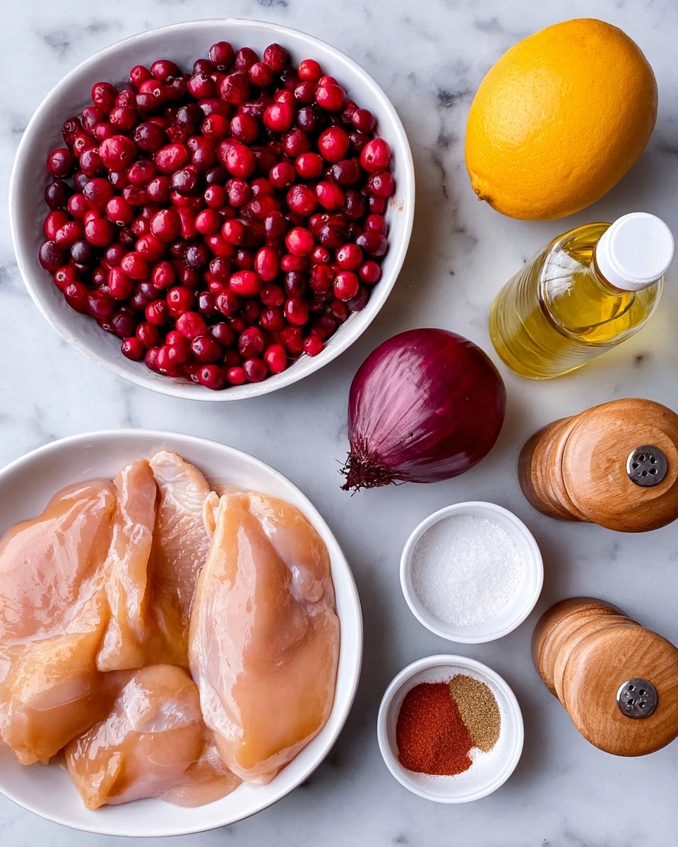 The image shows raw chicken pieces placed in a white bowl at the bottom left. Above the bowl, there is a white dish filled with bright red cranberries. To the right of the cranberries, there is a whole yellow grapefruit. Next to the grapefruit, there are two glass bottles, one with light yellow oil and the other with a darker liquid, both with white caps. Below the bottles, there are wooden salt and pepper shakers, with the pepper shaker laying down. To the right of the chicken, there is a whole dark red onion. Below the onion, three small white bowls hold ground spices: white powder, reddish powder, and brown powder. The background is a white marbled texture. photo taken with an iphone --ar 4:5 --v 7