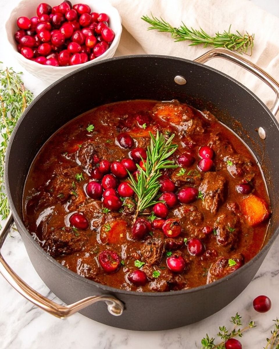 A large black pot filled with a rich brown stew that has a thick texture, topped with bright red whole cranberries and a sprig of green rosemary in the center. Inside the stew, there are visible orange carrot chunks and small green herb bits scattered throughout. The pot sits on a white marbled surface, with more cranberries in a white bowl and sprigs of rosemary nearby. The overall color palette is warm with reds, oranges, and greens standing out against the dark pot and light background. Photo taken with an iphone --ar 4:5 --v 7