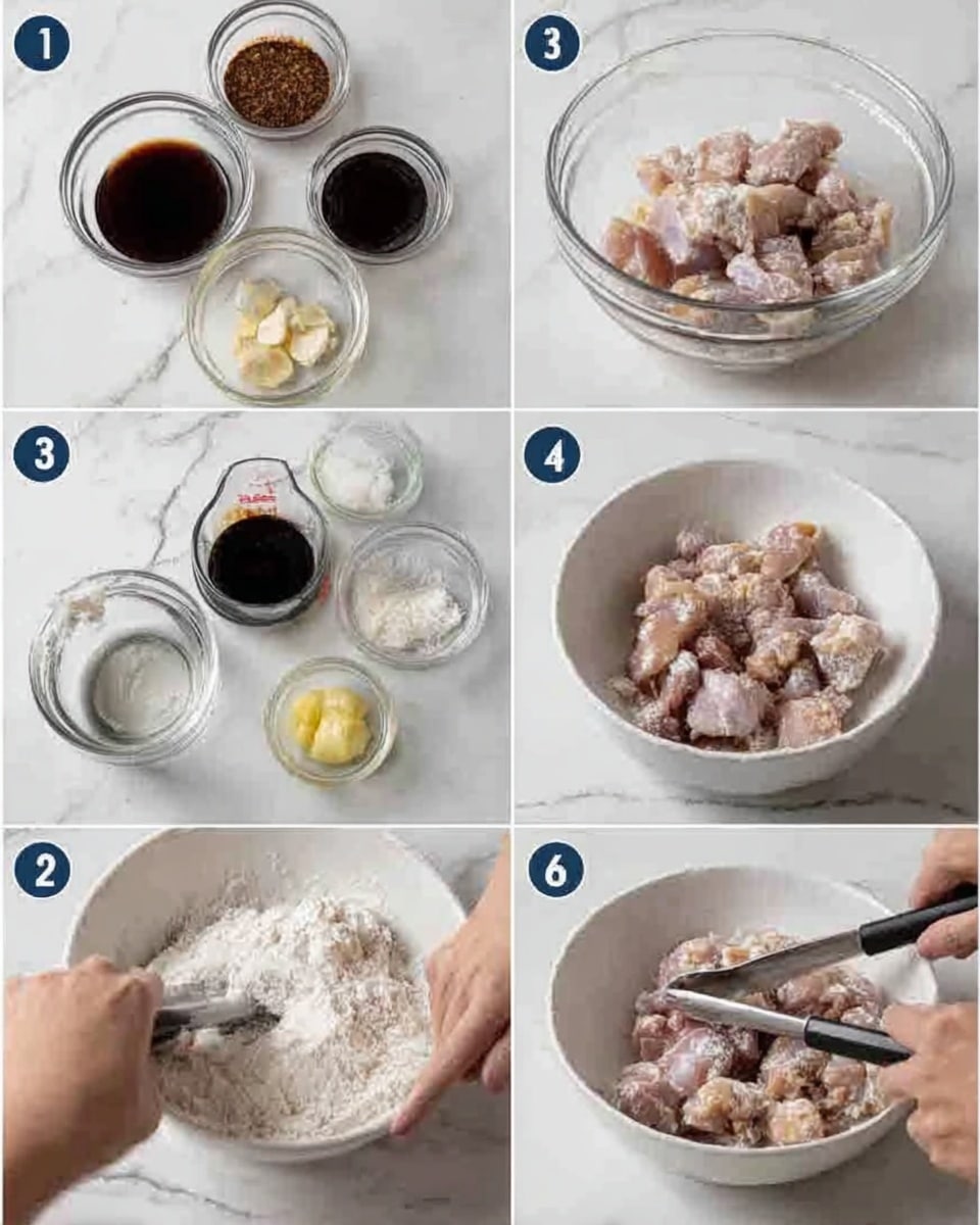 The image shows six steps for preparing marinated chicken pieces in a white bowl on a white marbled surface. Step one features various clear bowls with dark sauces and powders. Step two shows a glass measuring cup filled with a dark liquid. Step three presents raw chicken pieces in a white bowl. Step four depicts a woman's hand grating garlic over the chicken. Step five shows chicken coated with white flour. Step six shows a woman's hand mixing the coated chicken with tongs. The setting is bright and clean with all items placed on a white marbled surface. Photo taken with an iphone --ar 4:5 --v 7