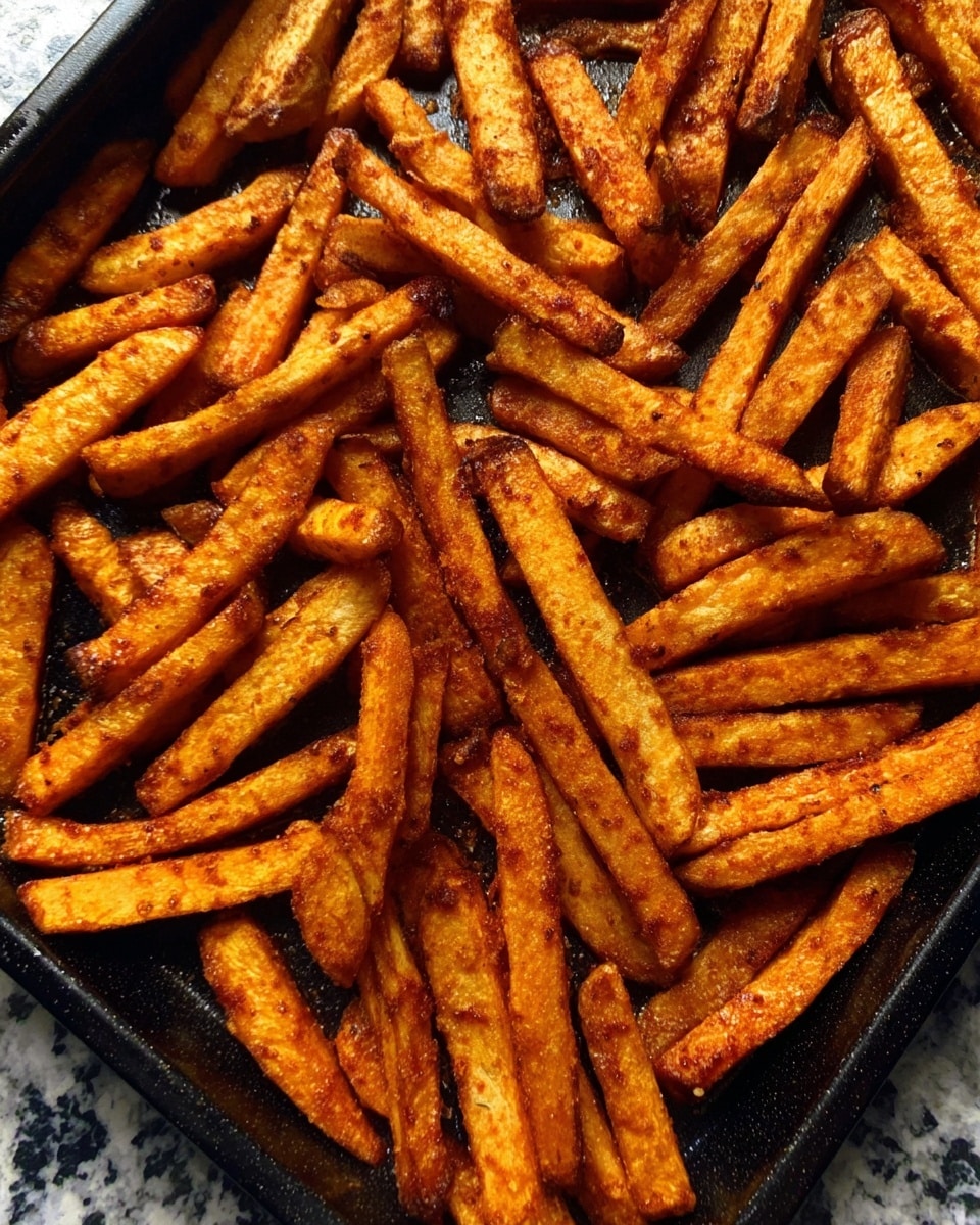 A black baking tray filled with cooked orange-brown fries that look crispy and seasoned. The fries are randomly placed, some overlapping, showing their rough and crunchy texture with visible seasoning spots. The background surface is a white marbled texture. photo taken with an iphone --ar 4:5 --v 7