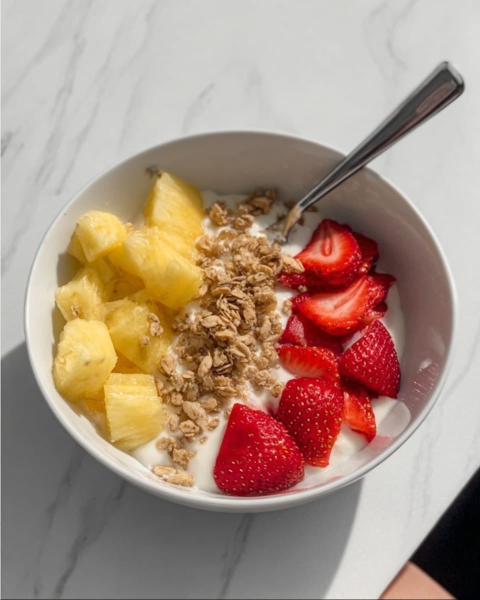 A white bowl filled with three main layers: on the bottom is a smooth, creamy yogurt layer visible under the toppings; the middle layer consists of diced yellow pineapple pieces on one side and bright red sliced strawberries on the other side; on top of these fruit pieces, there are small clusters of light brown granola scattered unevenly; a silver spoon rests inside the bowl on the right side with a woman's hand holding the handle; the bowl is placed on a white marbled surface; photo taken with an iphone --ar 4:5 --v 7