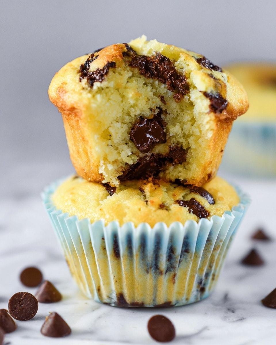 The image shows two yellowish muffins stacked, with the top one broken open to reveal a soft, crumbly inside filled with melted dark chocolate chips. The muffins are in light blue paper liners and there are scattered chocolate chips on the white marbled surface around them. The muffins have a slightly golden crust with dark chocolate pieces visibly melted and oozing in parts, showing a moist texture inside. Photo taken with an iphone --ar 4:5 --v 7