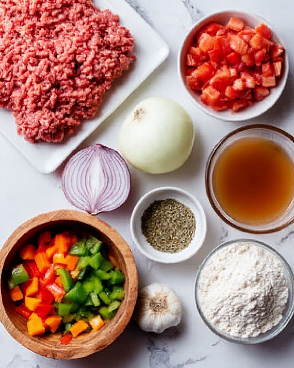 The image shows raw ground meat on a white tray in the upper left, with a bowl of diced tomatoes in bright red on the upper right. Below the meat, there are two whole garlic cloves and half an onion with white layers and purple edges placed side by side. Near the middle, there is a small white bowl filled with dried herbs in greenish-brown, and a glass bowl of light brown broth on the right side. At the bottom left, a wooden bowl holds a mix of colorful chopped vegetables including orange carrots, green and red peppers. Lastly, in the bottom right corner, a white bowl is filled with white flour. All items are set on a white marbled surface. photo taken with an iphone --ar 4:5 --v 7