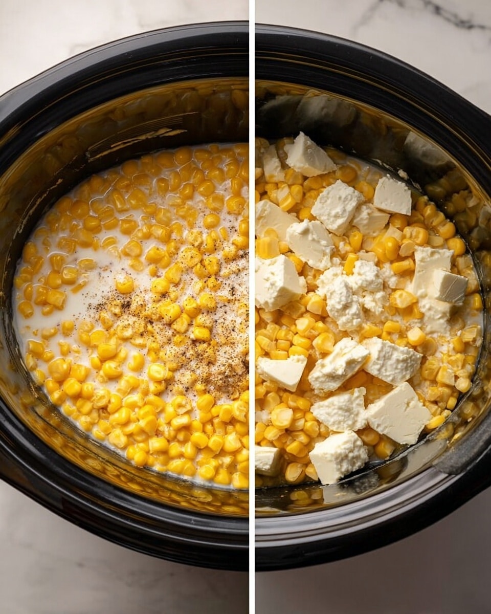The image shows two side-by-side views inside a black slow cooker. On the left, a base layer of bright yellow corn kernels fills most of the cooker, topped with a layer of white liquid, sprinkled with black pepper and white salt. On the right, the same corn and liquid base is now covered with uneven chunks of pale yellow cheese and white cream cheese, scattered on top. The cooker sits on a white marbled surface. photo taken with an iphone --ar 4:5 --v 7