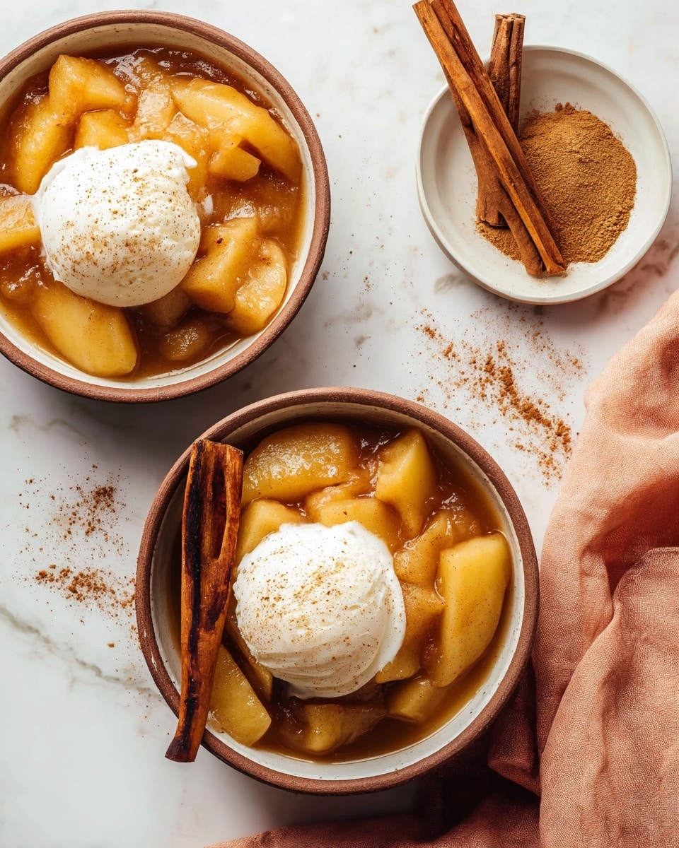 Two white-rimmed brown bowls sit on a white marbled surface, each filled with warm, chunky apple slices in a thick golden-brown sauce. On top of the apples in each bowl is a large scoop of creamy vanilla ice cream sprinkled lightly with cinnamon powder. A long, dark brown cinnamon stick rests on the side of the ice cream in the bowl closest to the bottom center. Nearby, there is a white bowl filled with ground cinnamon and two cinnamon sticks inside it, placed on a white plate. A soft, peach-colored cloth is casually draped beside the bowls. Some cinnamon powder is scattered on the surface around the bowls. photo taken with an iphone --ar 4:5 --v 7