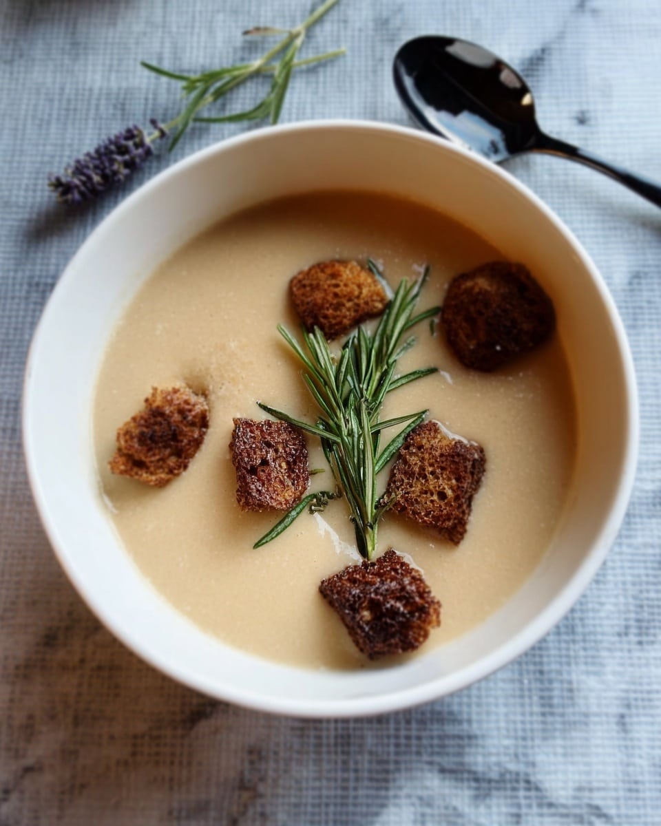 The image shows a white bowl filled with a thick beige soup that has a smooth texture. On top, there are small pieces of chopped nuts scattered in the center, adding a rough texture contrast. The bowl is set on a white marbled surface, and a bright red flower is partially visible near the top edge. The lighting is soft and natural, highlighting the creamy surface of the soup. Photo taken with an iphone --ar 4:5 --v 7