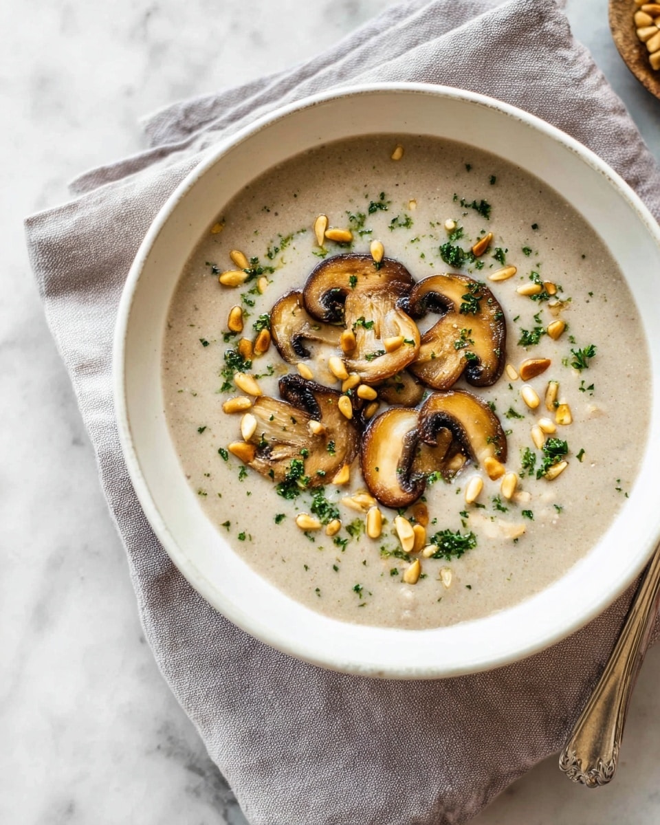 A top view of a green ceramic pan filled with creamy mushroom sauce, showing many brown and yellow wild mushrooms scattered evenly in the white sauce. A golden spoon is placed inside the pan on the right side. To the right of the pan, there is a small white bowl with black pepper and a woman's hand holding an orange utensil visible at the top right corner. The background is a white marbled texture. Photo taken with an iphone --ar 4:5 --v 7