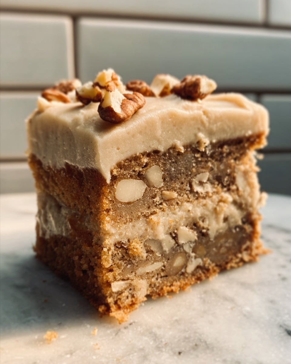 The image shows a close-up of several square pieces of a light golden brown cake with a soft texture. Each piece has two visible layers: a dense, slightly crumbly bottom layer and a top layer covered in chopped nuts that add rough texture and darker brown color contrast. The squares are stacked on a white, patterned cloth over a white marbled surface, with the piece on top centered and slightly raised to show its thickness. photo taken with an iphone --ar 4:5 --v 7