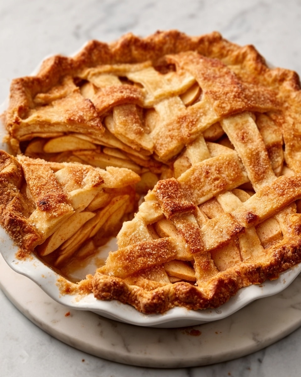 A slice of apple pie is placed on a white scalloped plate set on a white marbled surface. The pie has three layers: a golden-brown top crust with a slightly flaky and textured look, a thick middle layer filled with soft, thin apple slices coated in a light cinnamon sauce giving a warm beige color, and a pale, firm bottom crust holding the filling. Behind the plate, there is a wicker basket with red apples and a green apple resting next to it, adding contrast with their shiny bright colors. Two cinnamon sticks lie in the front right corner of the image, enhancing the warm tones. Photo taken with an iphone --ar 4:5 --v 7