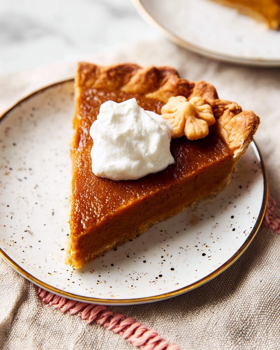 The image shows a single slice of pumpkin pie on a white plate with a slightly crimped edge crust that is golden brown. The pie filling is smooth with a rich orange color and a creamy texture. On top of the slice in the center is a dollop of white whipped cream with soft peaks. The plate rests on a white marbled surface, with two whole oranges placed in the background on the left side and a small amount of brown spice sprinkled near the edge of the plate on the right. The lighting is soft and natural, enhancing the warm colors of the pie and the freshness of the scene. photo taken with an iphone --ar 4:5 --v 7