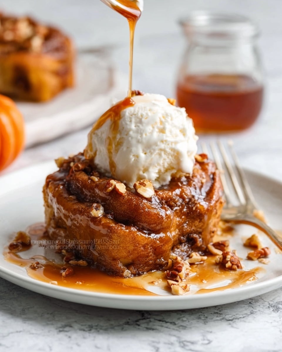The image shows a warm, gooey cinnamon roll on a white plate with syrup dripping down the sides. It has a rich brown color with a soft, swirled texture from the cinnamon inside. On top of the cinnamon roll is a scoop of melting vanilla ice cream, smooth and white, slowly blending with the sticky syrup. Small bits of chopped nuts are scattered around the base on the plate. A glass jar filled with syrup sits blurred in the background on a white marbled surface. A woman's hand holding a fork is reaching towards the cinnamon roll. photo taken with an iphone --ar 4:5 --v 7