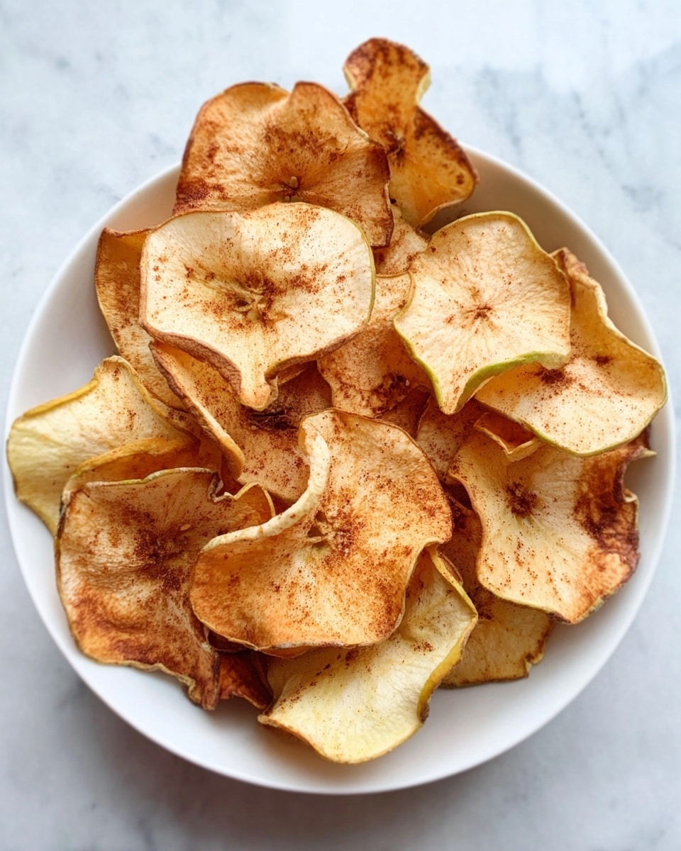 A white bowl filled with many thin, golden-brown apple chips that have curled edges and a slightly crispy texture. Each chip shows spots of light browning and some have visible cinnamon powder sprinkled on them. The bowl sits on a white marbled surface. photo taken with an iphone --ar 4:5 --v 7